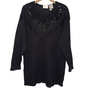 Vintage Beaded Sequin Goth Kathie Lee V Neck Long Sleeve Scalloped Sweater Tunic
